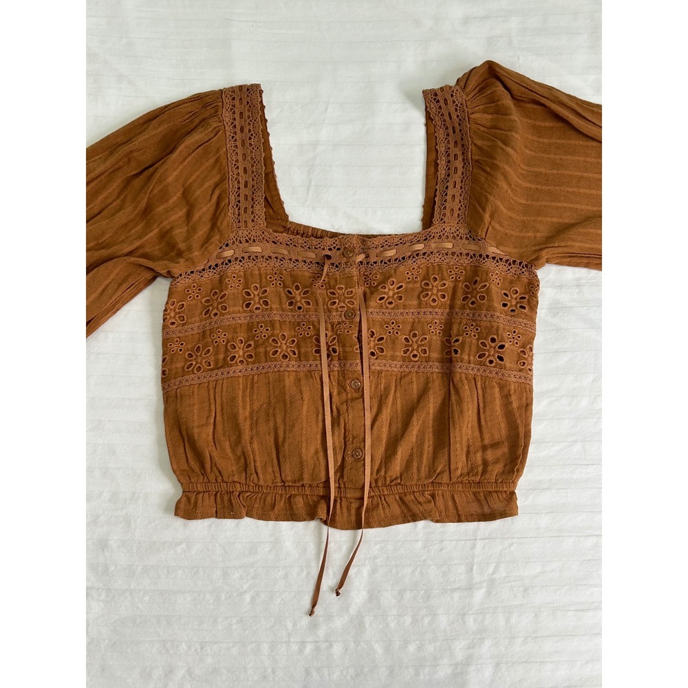 American Eagle Brown Eyelet Lace Crop Top Square Neck Boho Blouse Small NEW